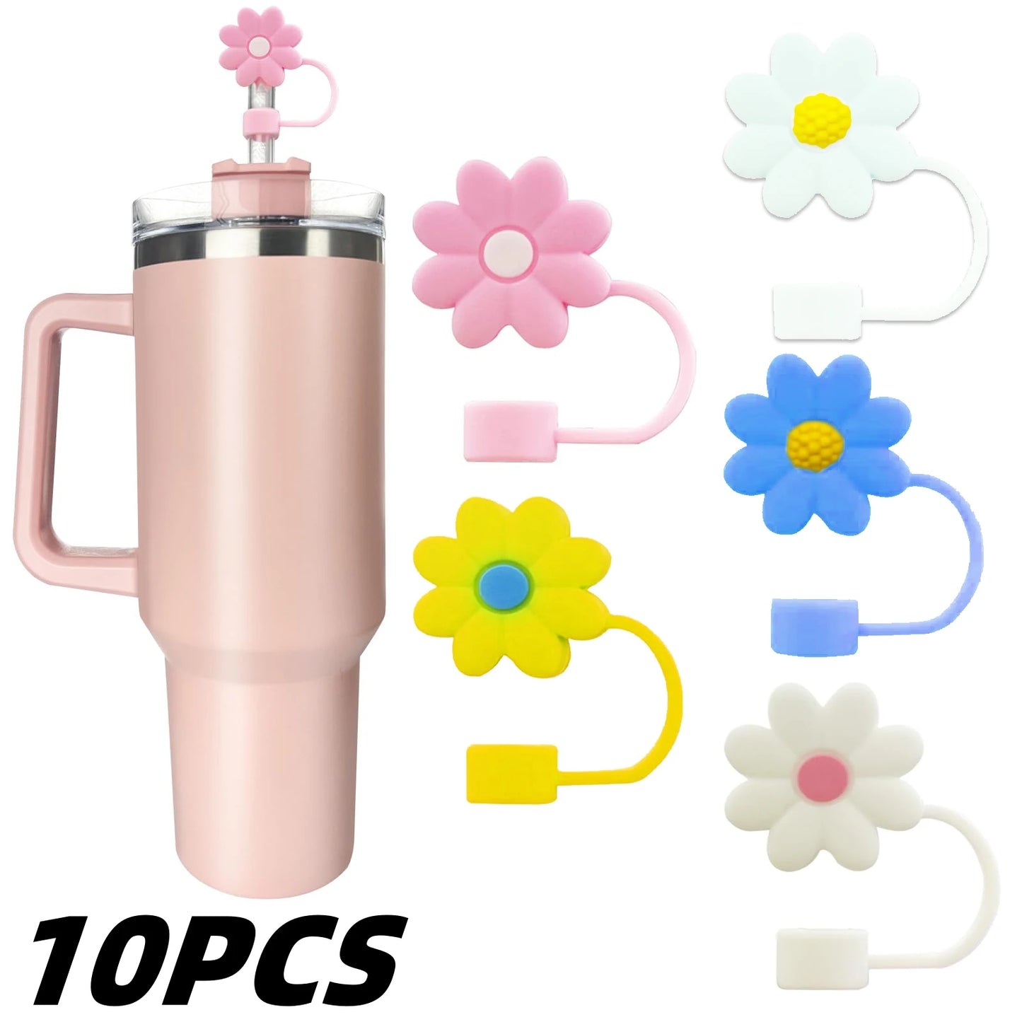 10PCS Silicone Straw Covers Cap Compatible with Stanley 30&40Oz Cup10mm Cute Flower Straw Toppers,Reusable Dust-Proof Straw Caps