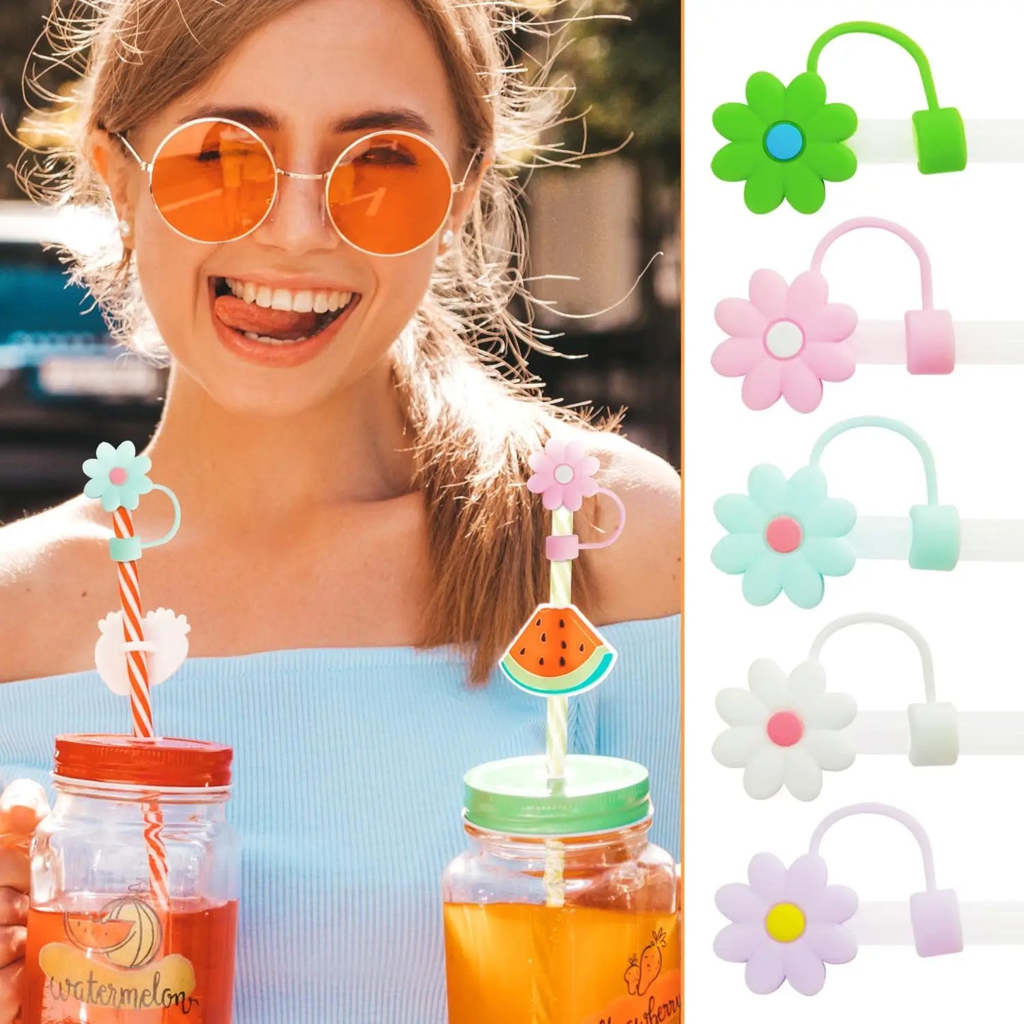 10PCS Silicone Straw Covers Cap Compatible with Stanley 30&40Oz Cup10mm Cute Flower Straw Toppers,Reusable Dust-Proof Straw Caps