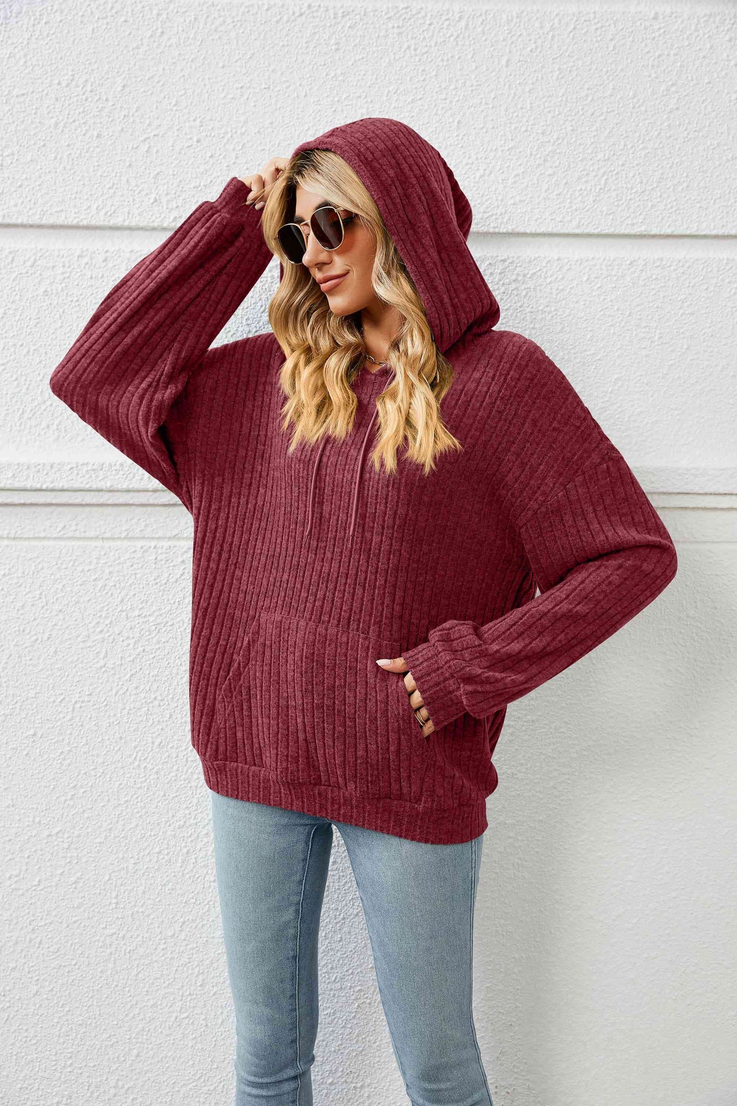 Drawstring Dropped Shoulder Ribbed Hoodie